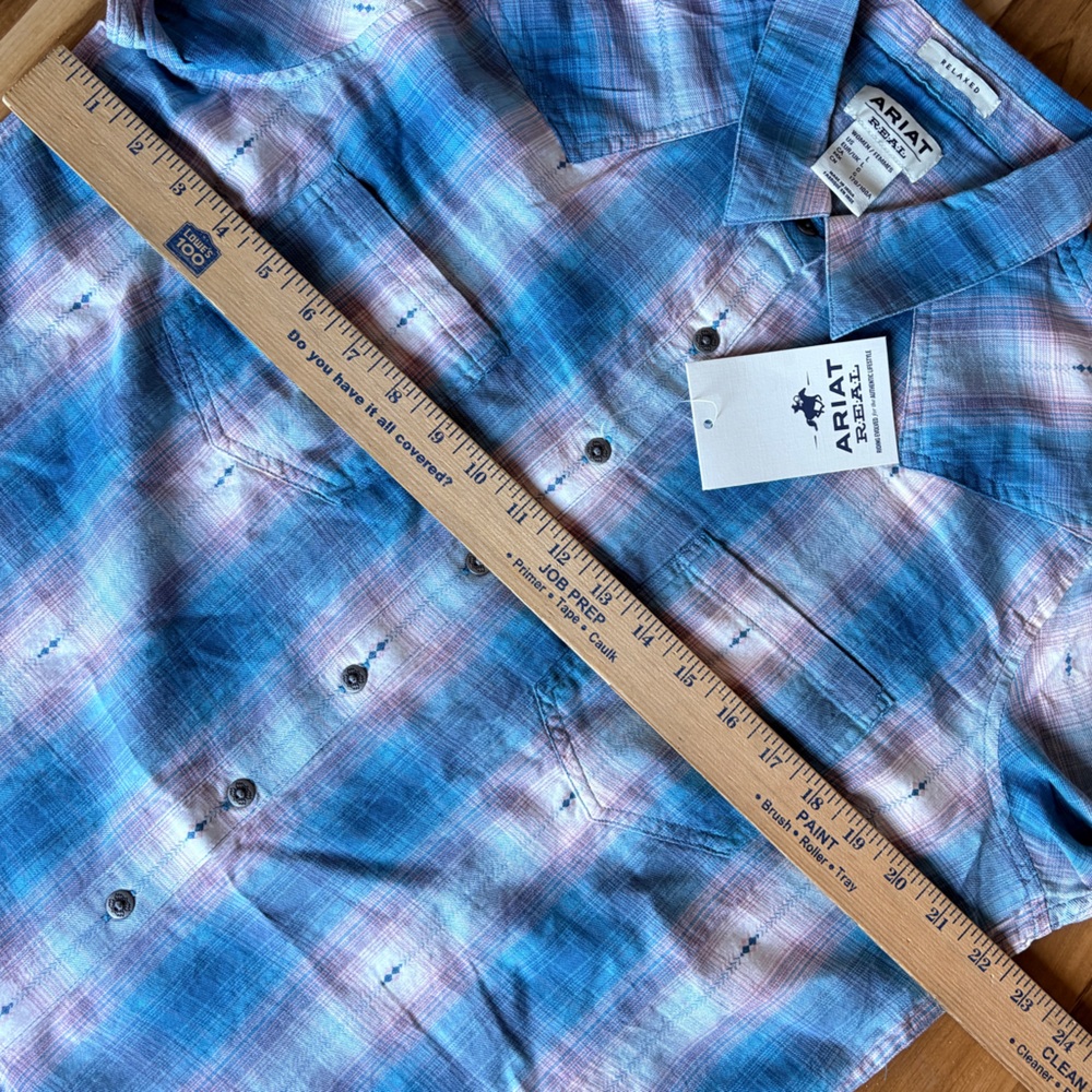 ARIAT REAL Billie Jean Relaxed Fit Aqua & Pink Dobby Plaid Shirt Large NWT - Picture 5 of 7